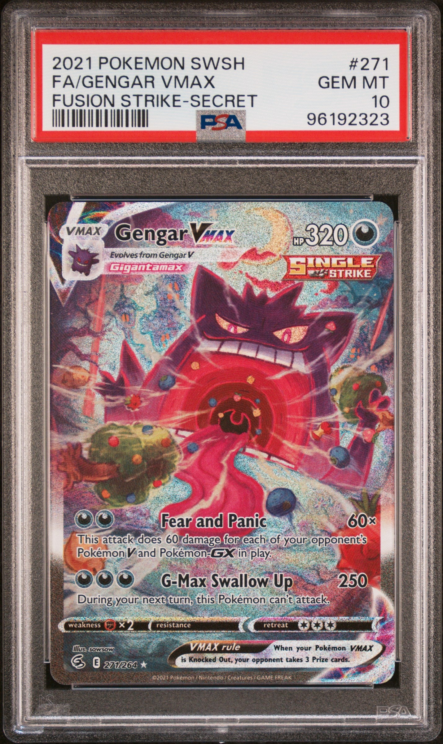 2021 Pokemon Sword & Shield: Fusion Strike Gengar VMAX Full Art Secret Rare #271 PSA 10