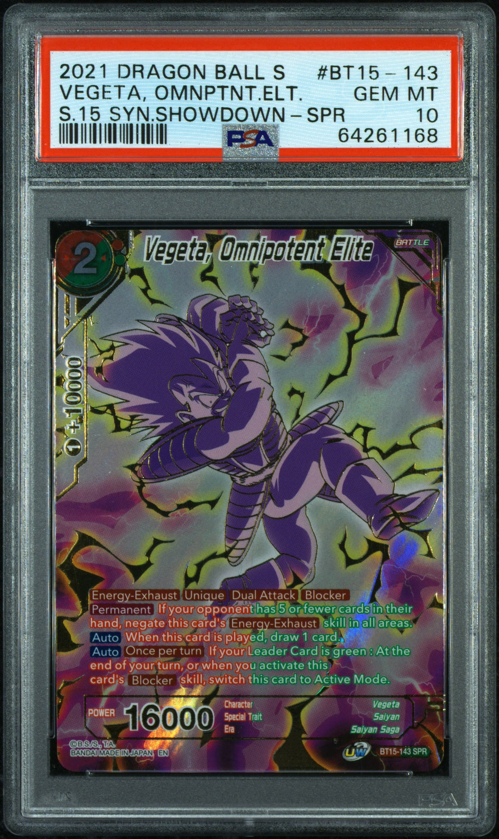 2021 Dragon Ball Super Card Game Series 15 Saiyan Showdown Vegeta, Omnipotent Elite Special Rare #BT15-143 PSA 10