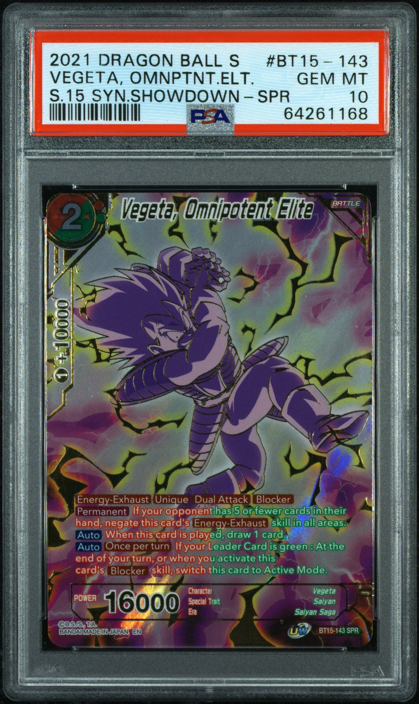2021 Dragon Ball Super Card Game Series 15 Saiyan Showdown Vegeta, Omnipotent Elite Special Rare #BT15-143 PSA 10