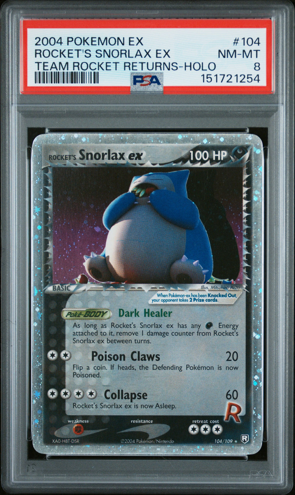 2004 Pokemon EX Team Rocket Returns Rocket's Snorlax ex Holo #104 PSA 8