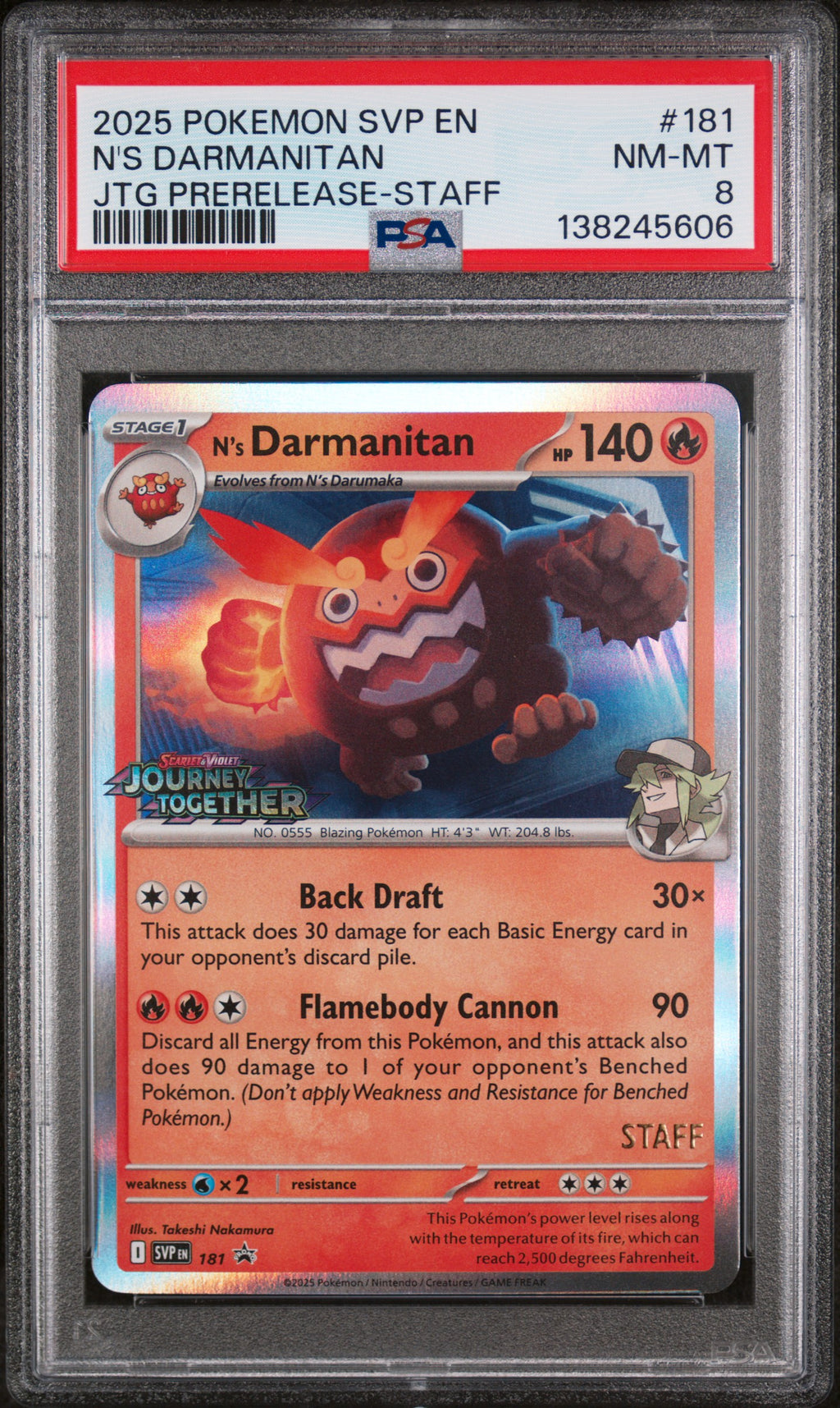2025 Pokemon Svp En-Sv Black Star Promo N's Darmanitan Journey Together Prerelease-Staff #181 PSA 8