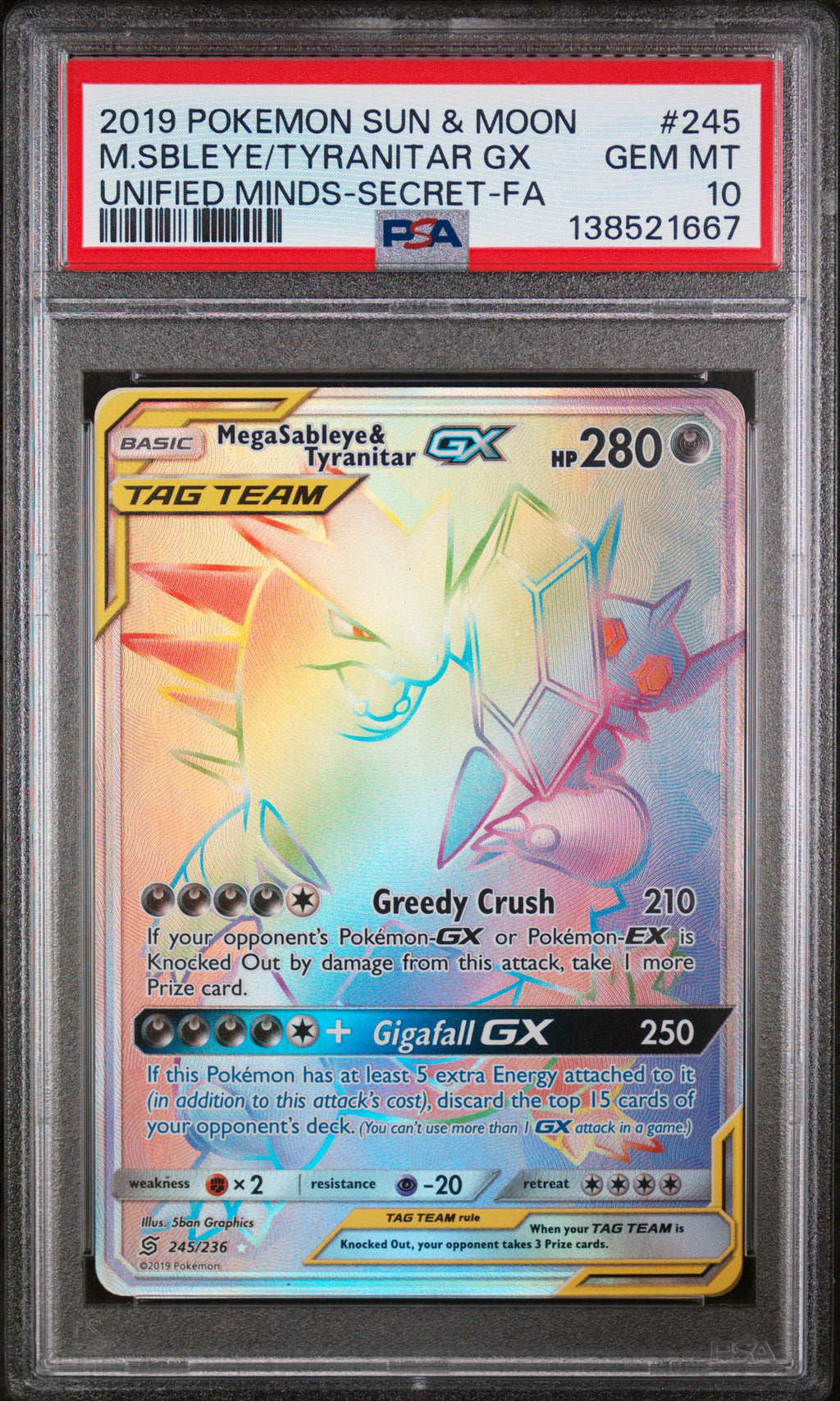 2019 Pokemon Sun & Moon Unified Minds Full Art / Mega Sableye & Tyranitar Gx Secret #245 PSA 10