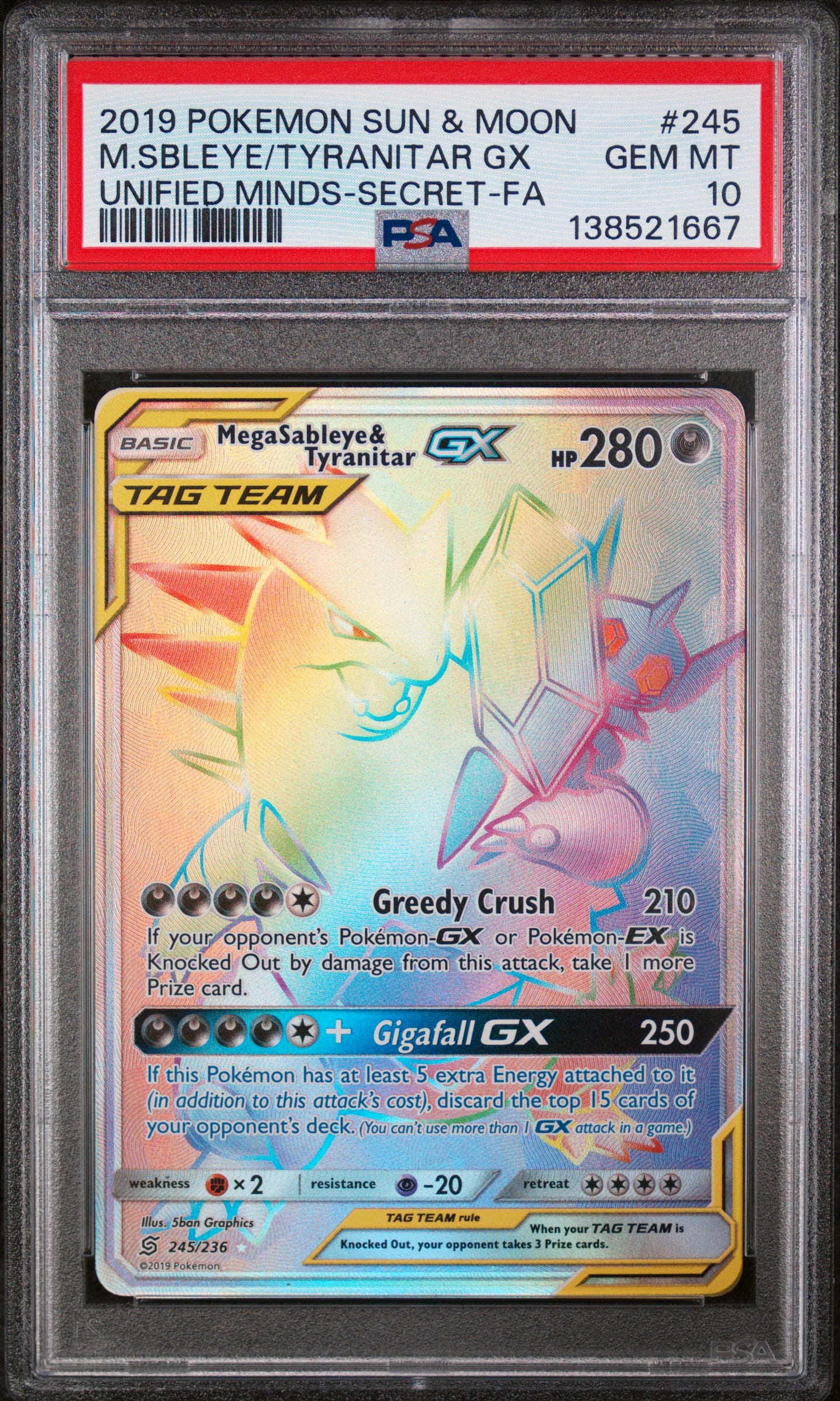 2019 Pokemon Sun & Moon Unified Minds Full Art / Mega Sableye & Tyranitar Gx Secret #245 PSA 10