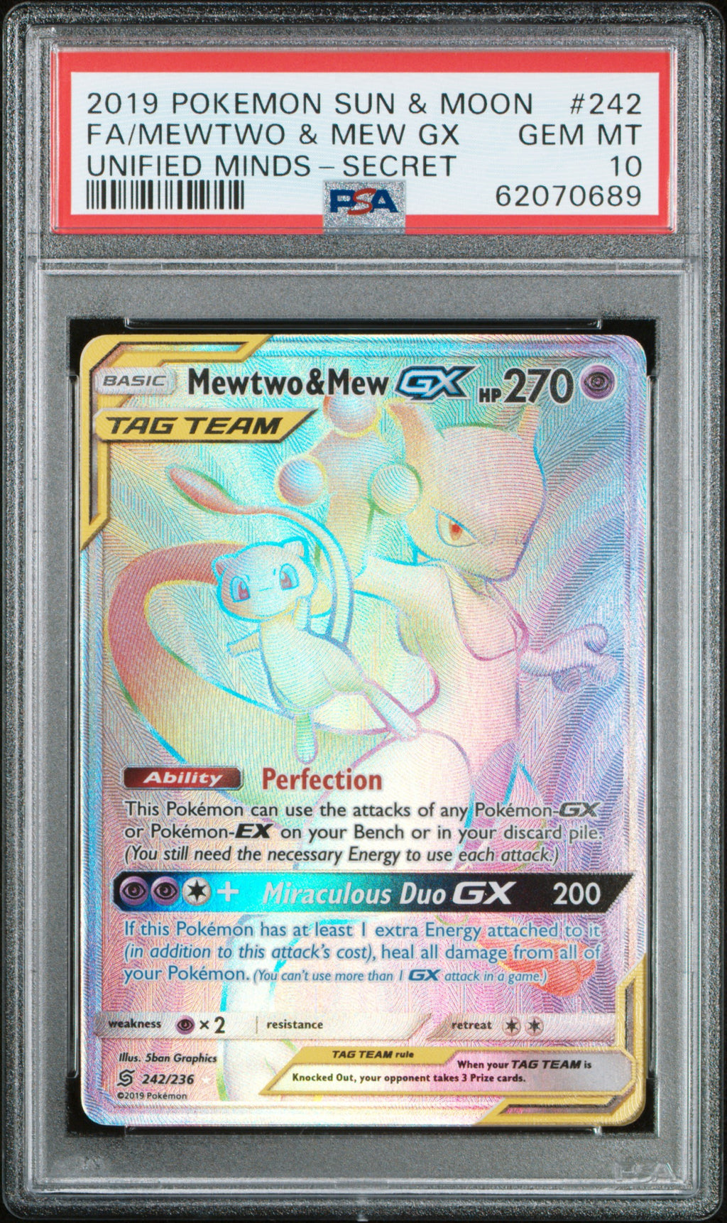 2019 Pokemon Sun & Moon Unified Minds Full Art / Mewtwo & Mew Gx Secret #242 PSA 10