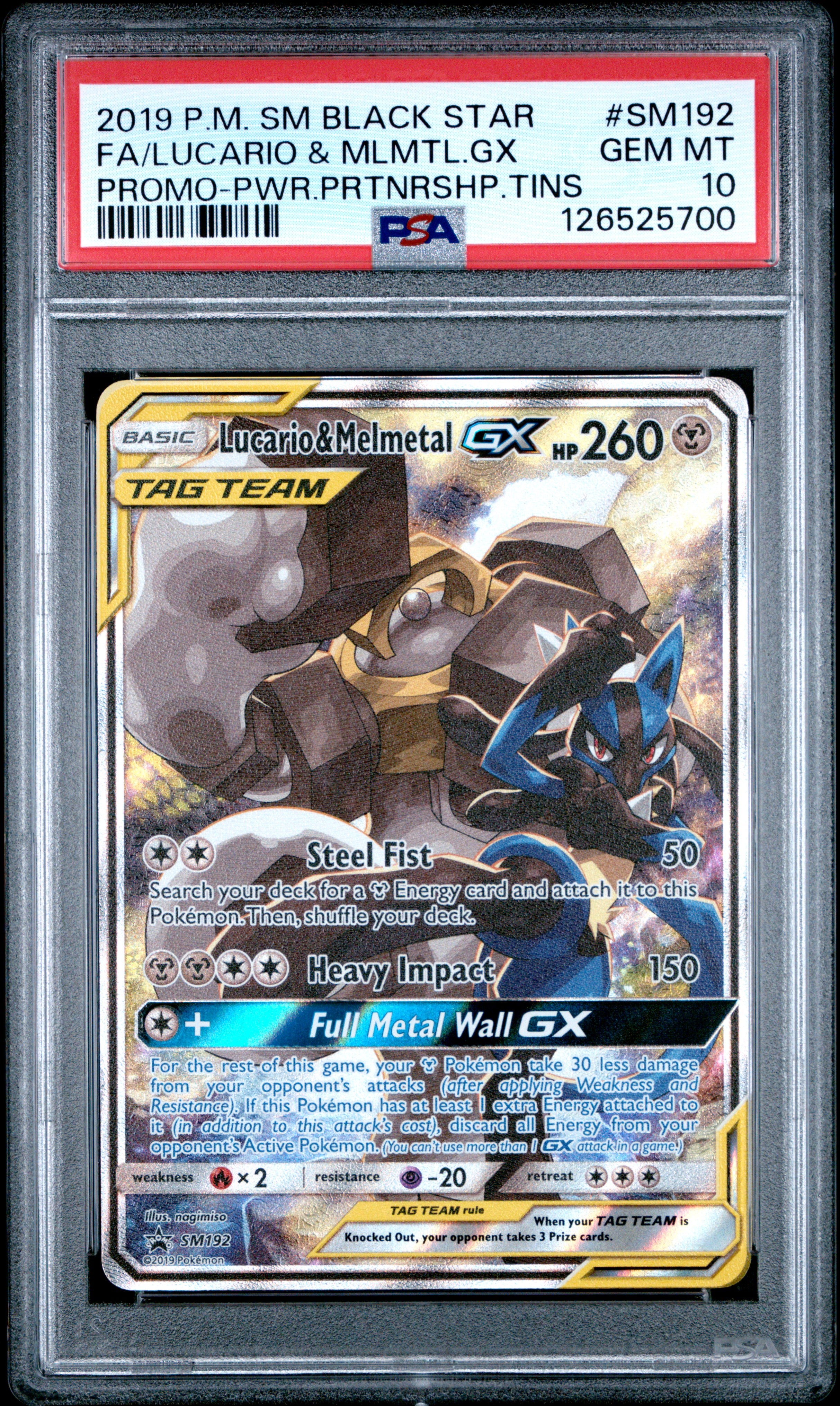 2019 Pokemon Sm Black Star Promo Fa / Lucario & Mlmtl.gx Promo-Pwr.prtnrshp.tins #SM192 PSA 10