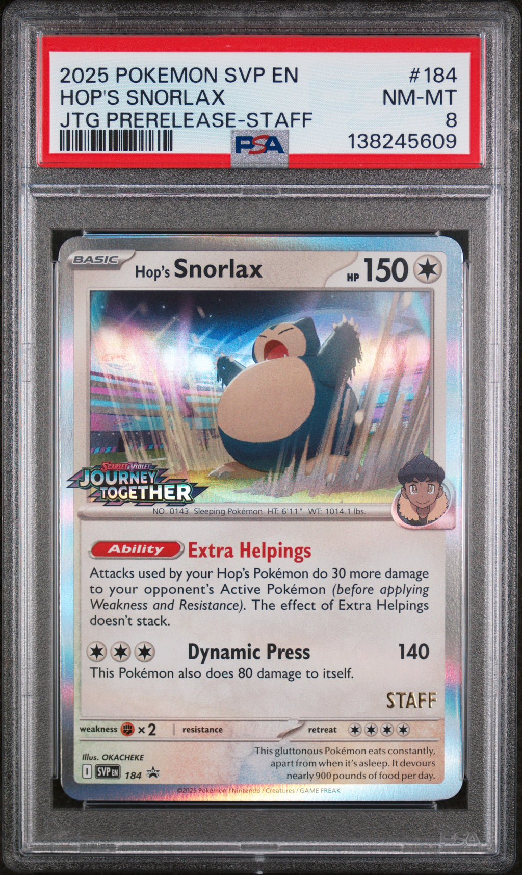 2025 Pokemon Svp En-Sv Black Star Promo Hop's Snorlax Journey Together Prerelease-Staff #184 PSA 8