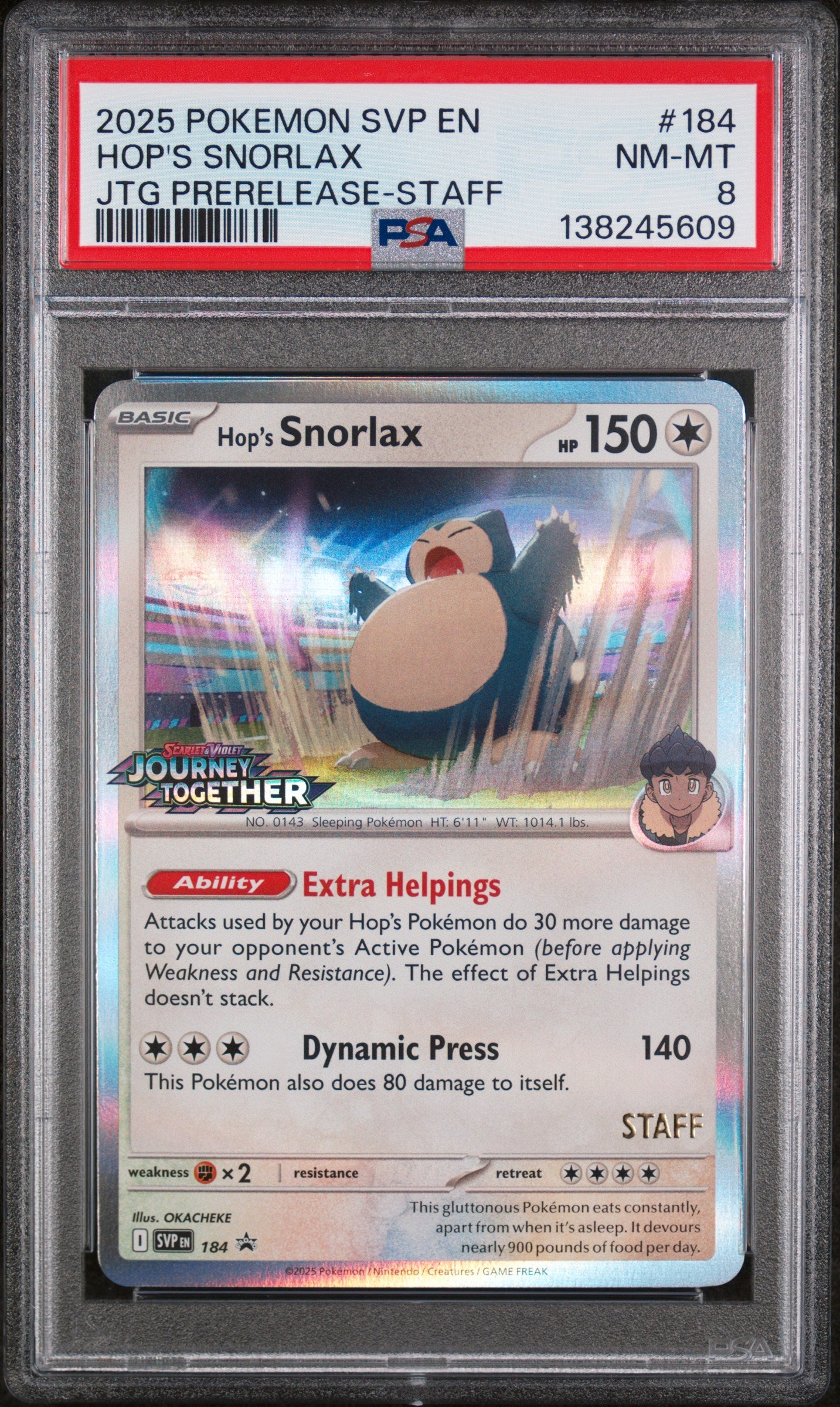 2025 Pokemon Svp En-Sv Black Star Promo Hop's Snorlax Journey Together Prerelease-Staff #184 PSA 8