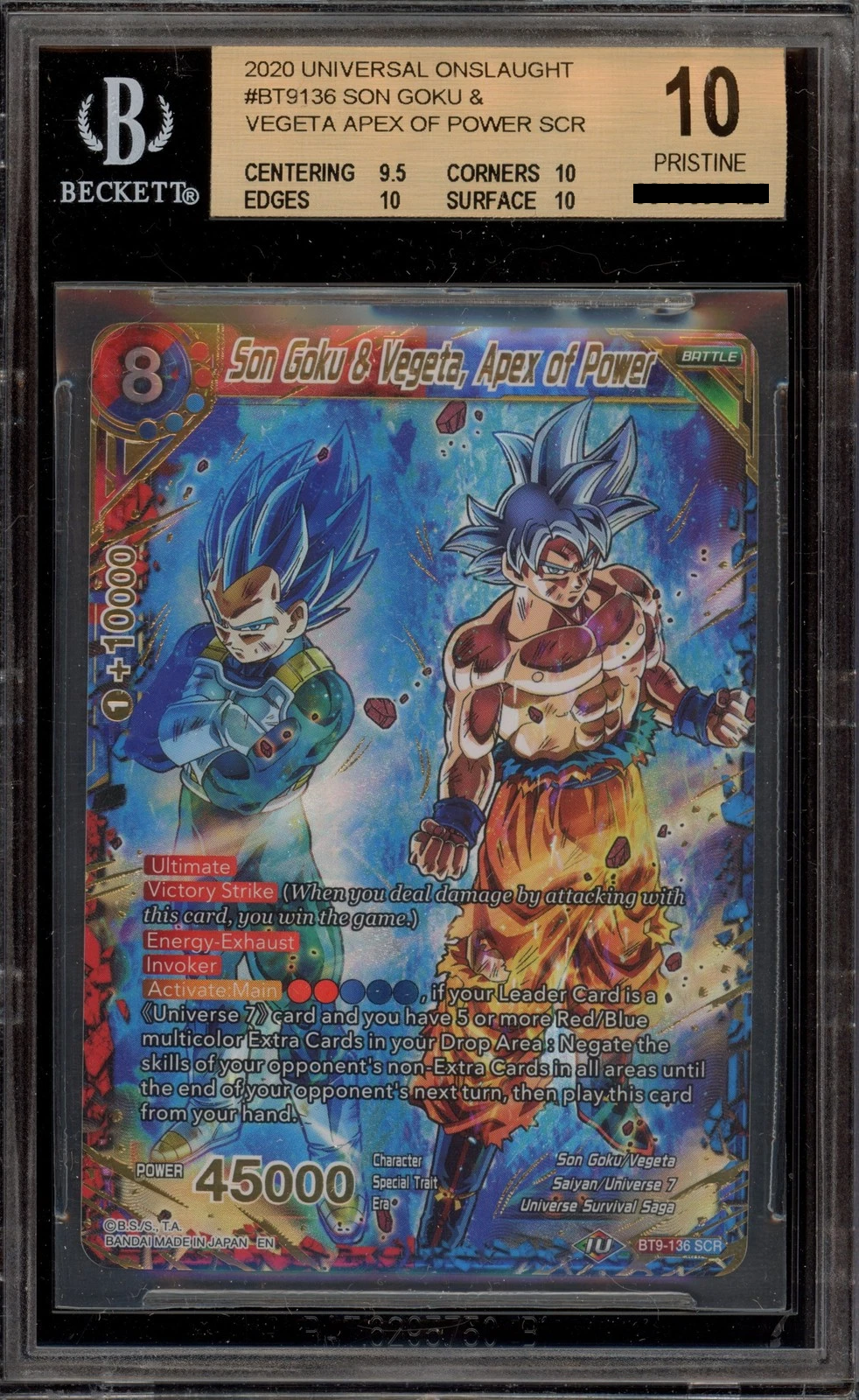 2020 Dragon Ball Super (DBS) Universal Onslaught Son Goku & Vegeta, Apex of Power Secret Rare (SCR) #BT9-136 BGS 10