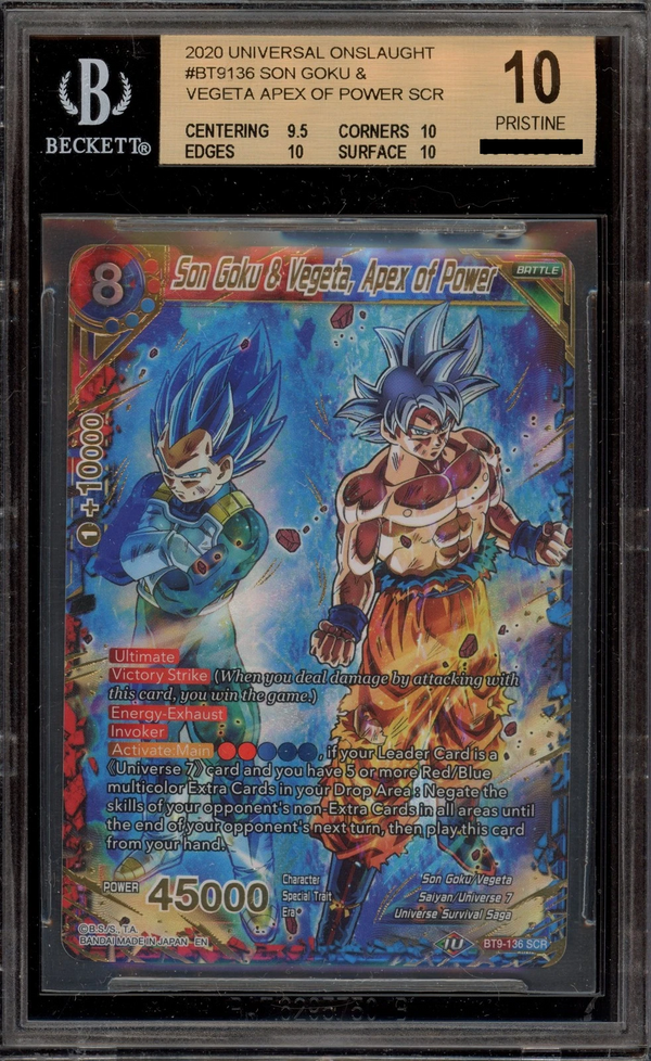 2020 Dragon Ball Super (DBS) Universal Onslaught Son Goku & Vegeta, Apex of Power Secret Rare (SCR) #BT9-136 BGS 10
