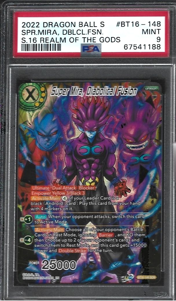 2022 Dragon Ball Super Card Game Series 16 Realm of the Gods Super Mira, Diabolical Fusion Secret Rare #BT16-148 PSA 9