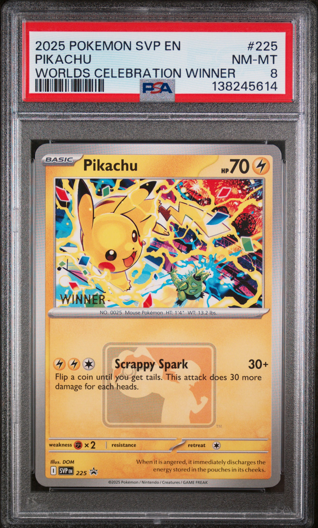 2025 Pokemon Svp En-Sv Black Star Promo Pikachu Worlds Celebration Tournament Winner #225 PSA 8