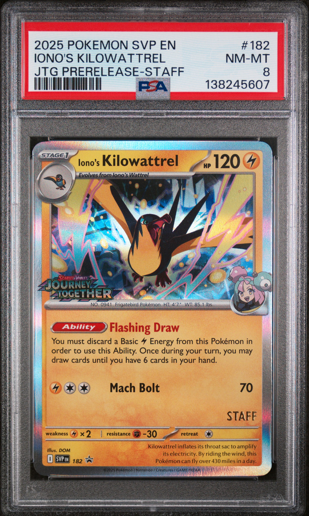 2025 Pokemon Svp En-Sv Black Star Promo Iono's Kilowattrel Journey Together Prerelease-Staff #182 PSA 8