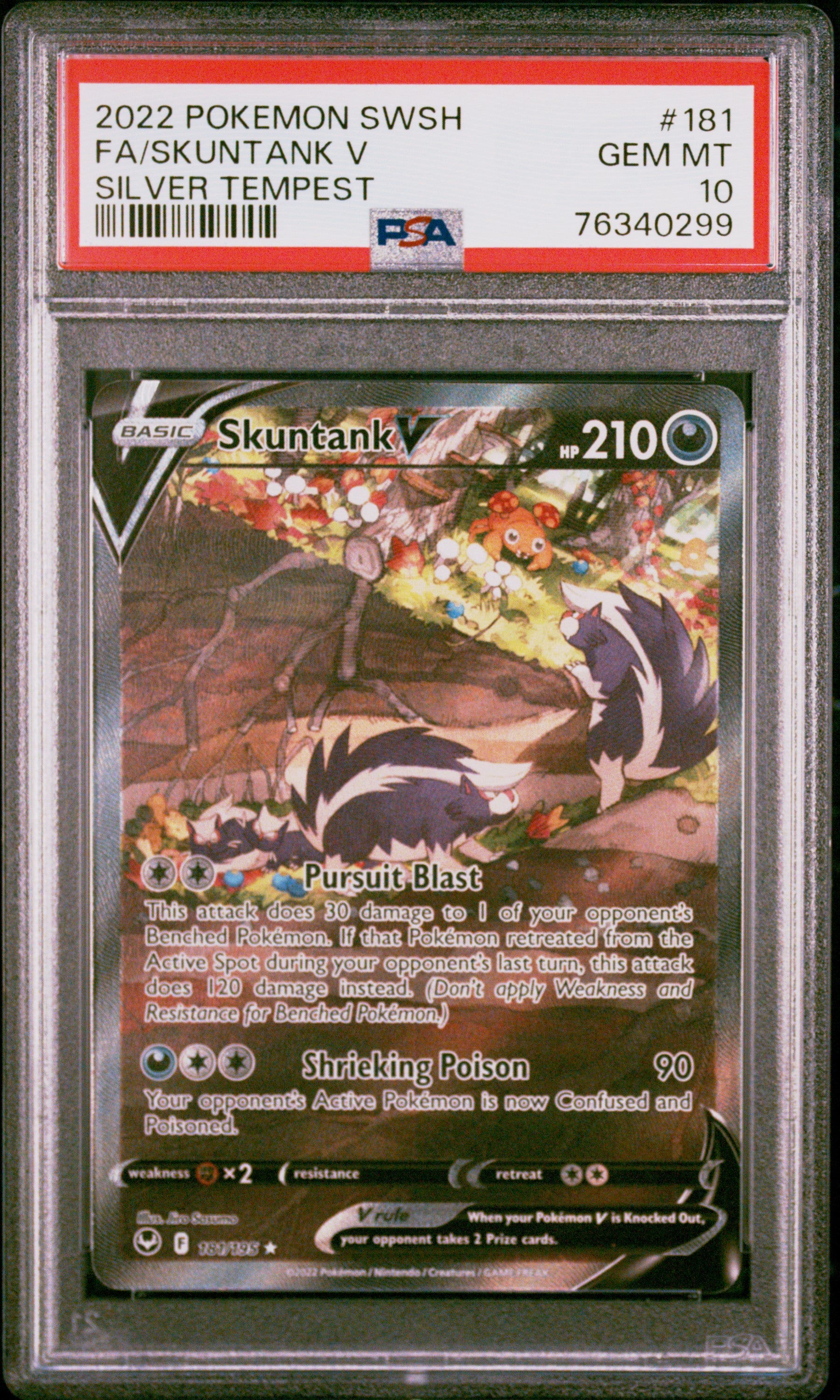2022 Pokemon Sword & Shield Silver Tempest Full Art / Skuntank V #181 PSA 10