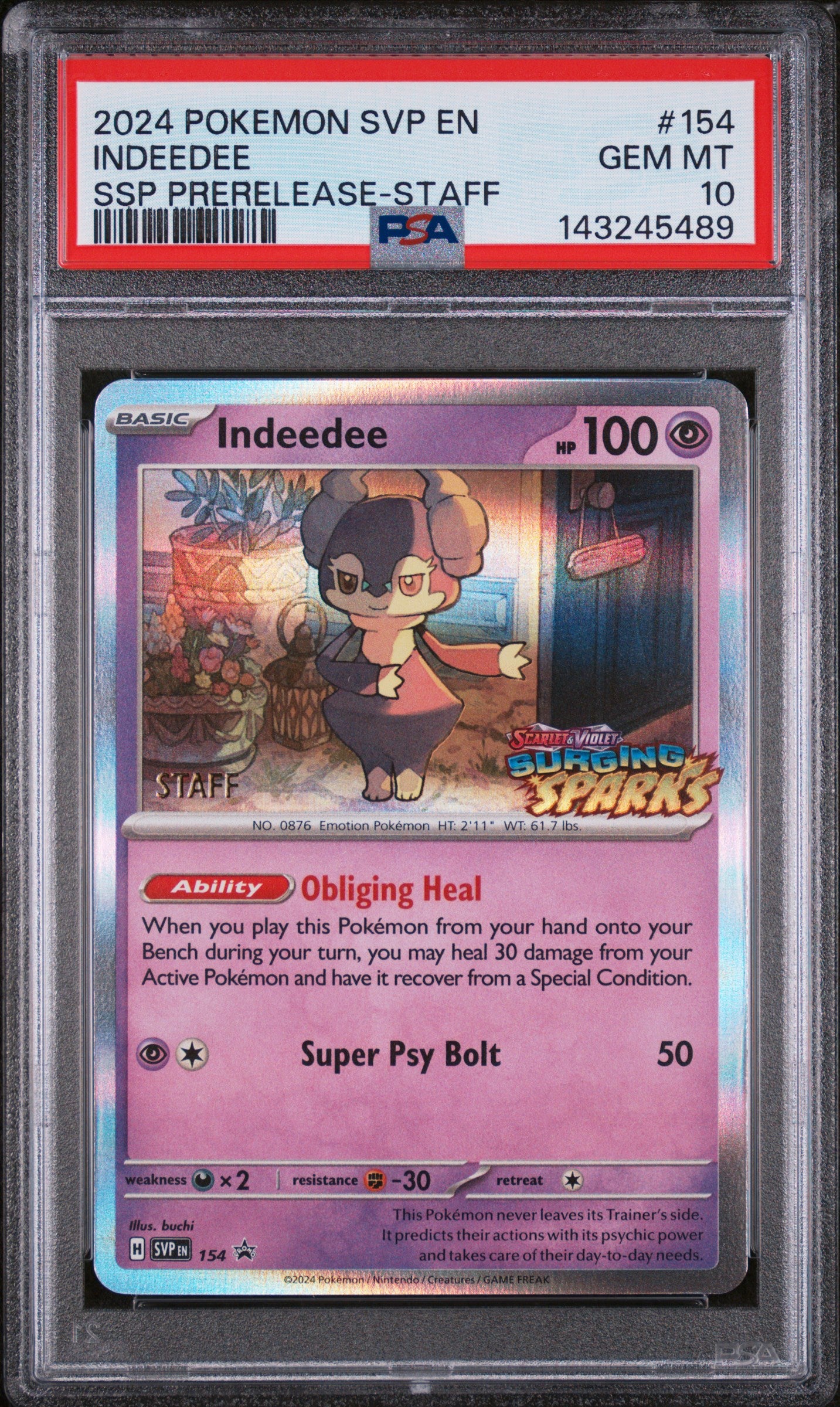 2024 Pokemon Svp En-Sv Black Star Promo Indeedee Surging Sparks Prerelease-Staff #154 PSA 10
