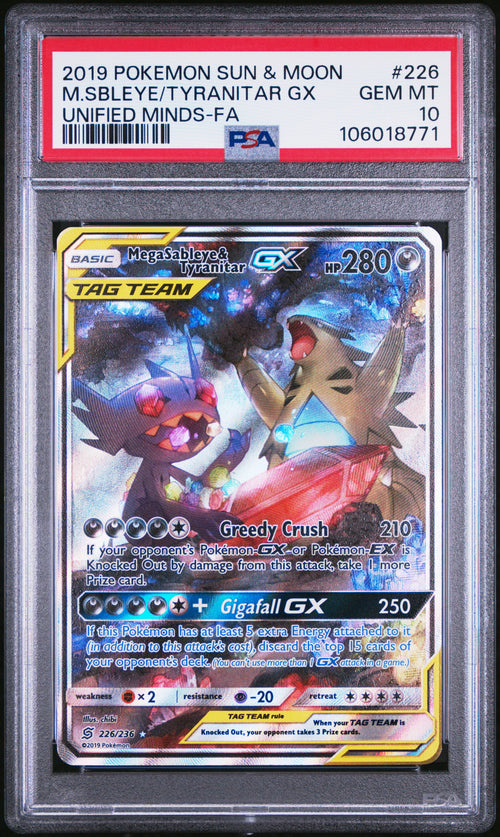2019 Pokemon Sun & Moon Unified Minds Full Art / Mega Sableye & Tyranitar Gx #226 PSA 10