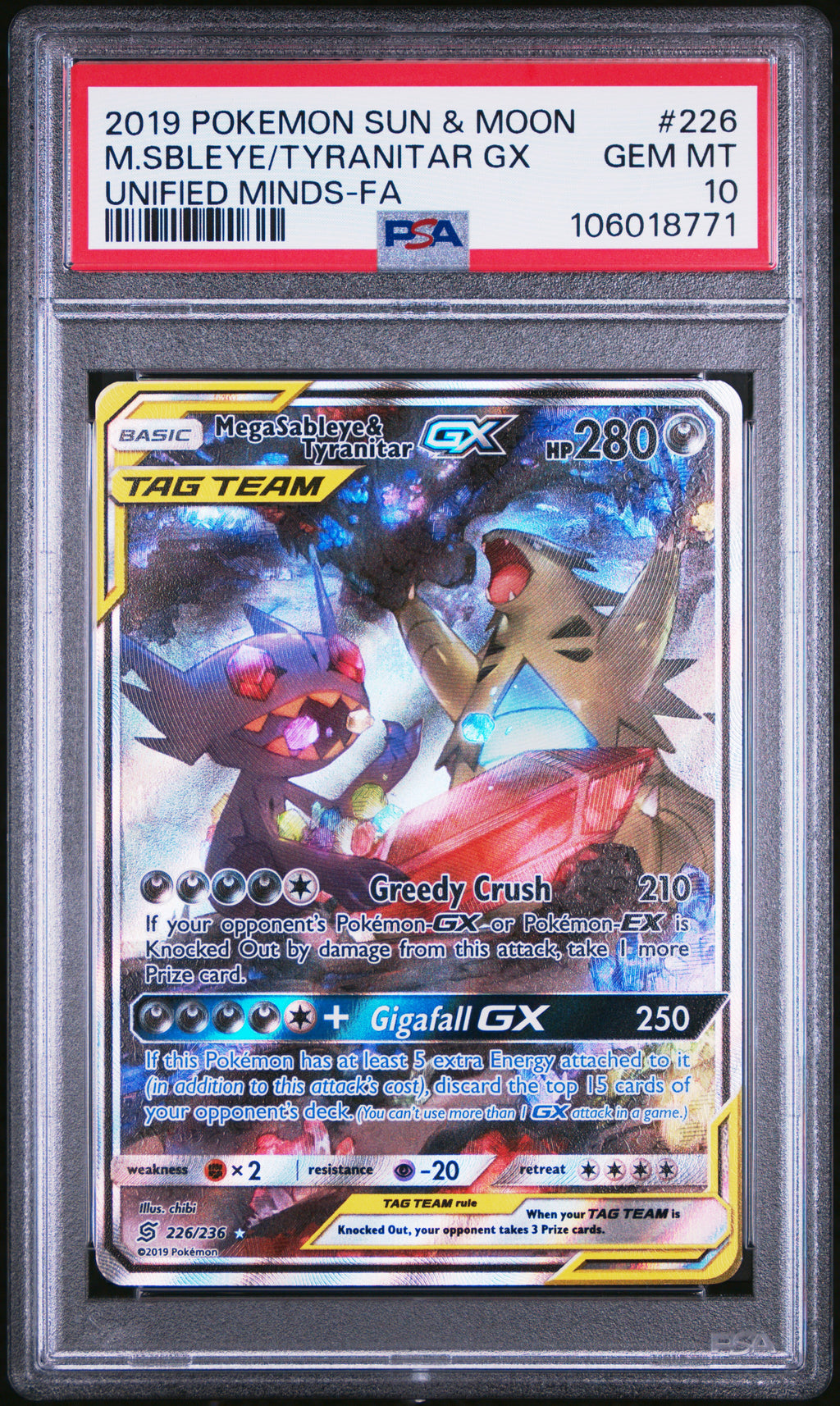 2019 Pokemon Sun & Moon Unified Minds Full Art / Mega Sableye & Tyranitar Gx #226 PSA 10